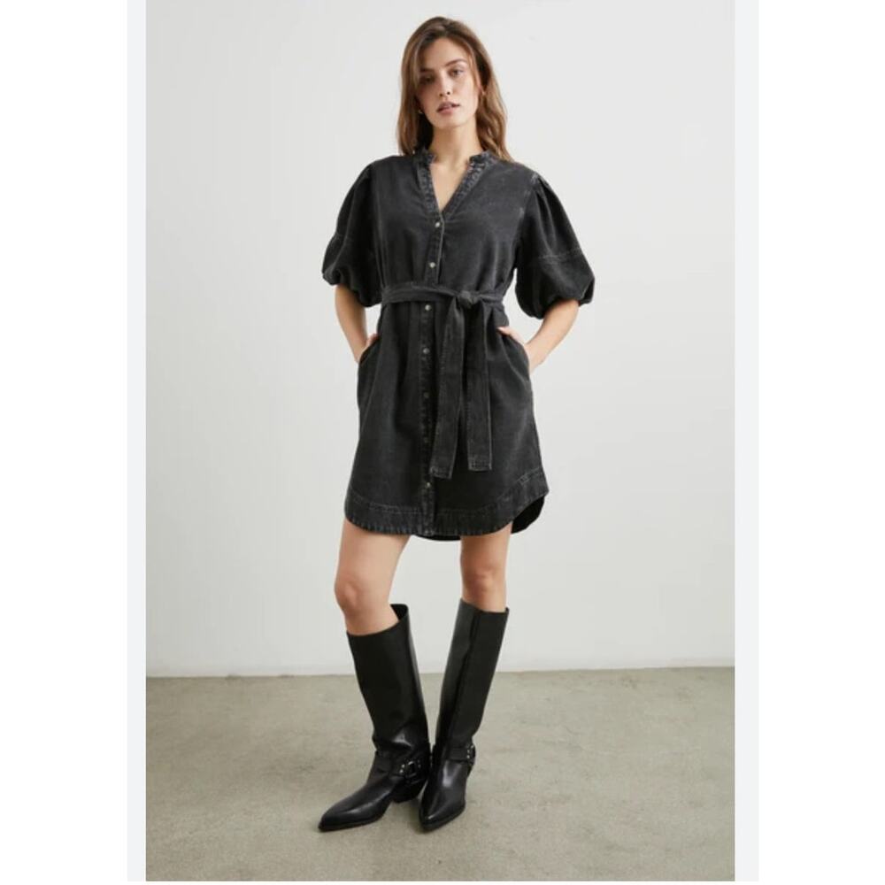 Rails Kingsley Dress S Faded Black Denim Boho Preppy Puff Sleeve Western Spring